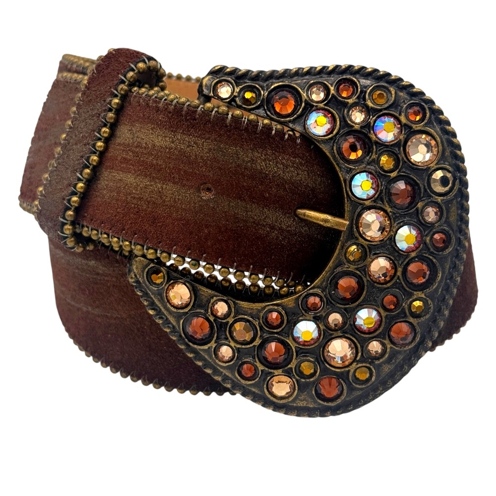Leatherock Womens M 34 Western Bejeweled Buckle Belt Brown Suede Gold Metallic